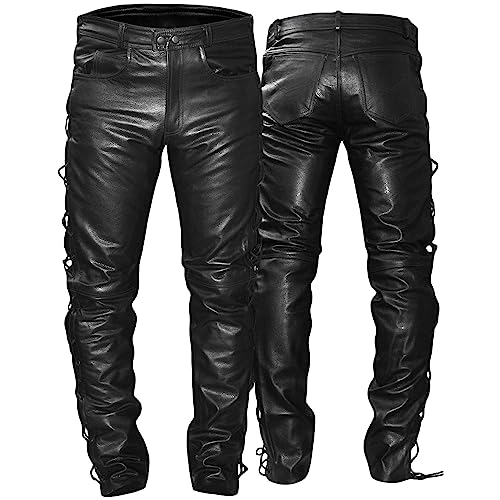 German Wear Lederhose lederjeans bikerjeans Büffelleder seitlich geschnürt Schwarz, Größe:52