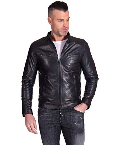 D'Arienzo Lederjacke Herren schwarz Bikerjacke Motorrad Echtleder Made in Italy Hamilton schwarz/48