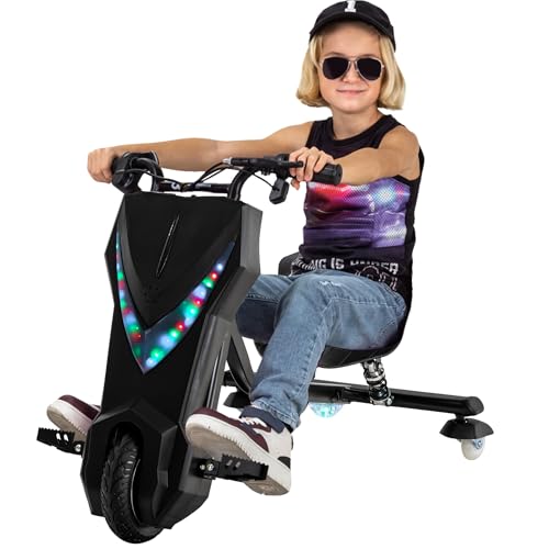 Actionbikes Motors Kinder Elektro Driftscooter 360 Grad - 250 Watt Elektromotor - 3 Geschwindigkeitsstufen - LED-Beleuchtung - Sitz verstellbar - Bluetooth - Drifter - Drift Trike (Schwarz)