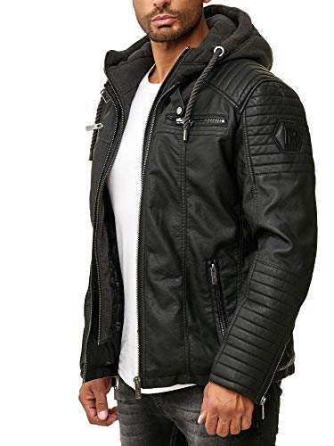 Red Bridge Herren Kunst- Lederjacke Kunstleder Bikerjacke mit Sweat- Kapuze 2in1, Schwarz - Kunstleder, XL