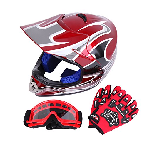 Samger DOT Jugend Kinder Off Road Helm Motocross Helm Dirt Bike ATV Motorradhelm Handschuhe+Brille(M,Rot)