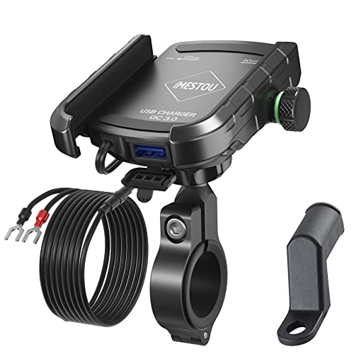 iMESTOU Motorrad Telefonhalter mit USB-Ladegerät Lenker/Rückansicht Spiegel Mobiltelefonmontage Schnellladung wasserdicht für 3,5 "-6.8" Smartphones Compatible with Samsung iPhone Phones