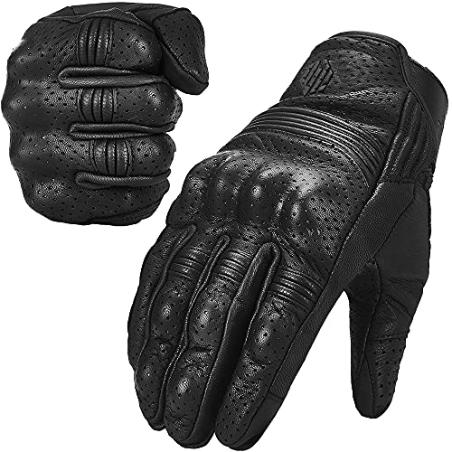 ILM Motorrad Handschuhe Leder Für Herren und Damen - Motorradhandschuhe Ziegenleder - Mottoradhanschuhe Touchscreen Für Outdoor Sportarten und Aktivitäten, Schwarz, M