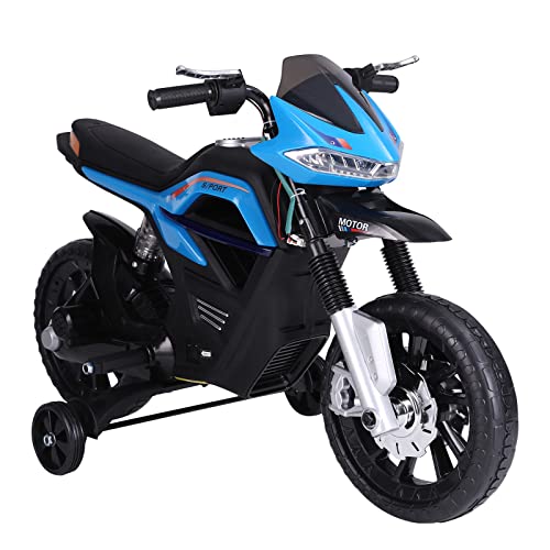 HOMCOM Kindermotorrad Kinder-Elektromotorrad Elektro-Motorrad für Kinder 3-6 Jahren Licht Musik MP3 Elektrofahrzeug mit Stützrädern maximal 3 km/h Metall + Kunststoff Blau 105 x 52,3 x 62,3 cm