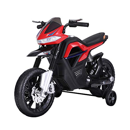 HOMCOM Kindermotorrad Kinder-Elektromotorrad Elektro-Motorrad für Kinder 3-6 Jahren Licht Musik MP3 Elektrofahrzeug mit Stützrädern maximal 3 km/h Metall + Kunststoff Rot 105 x 52,3 x 62,3 cm