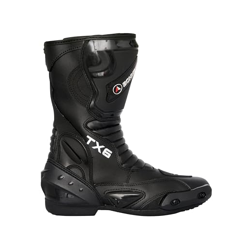 Bohmberg TX6 Herren Motorradstiefel, ergonomisch, Motorradschuhe aus stabilem Leder mit aufgesetzten Hartschalenprotektoren Schwarz 45