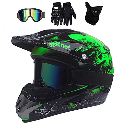 UIGJIOG Motorradhelm,Motocross Helm,Helm Kinder,Helmets Kinder-Cross-Helm, Road Helm mit Handschuhe Maske Brille, ATV Helm,Grün,S(52~53cm)