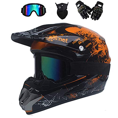 UIGJIOG Motorradhelm,Motocross Helm,Helm Kinder,Helmets Kinder-Cross-Helm, Road Helm mit Handschuhe Maske Brille, ATV Helm,Orange,M(54~55cm)