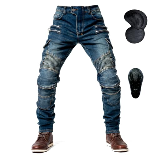 oFzimTo Motorrad-Jeanshose Für Herren, Sturzfeste Jeans Mit Geradem Bein Und 4 Arten Von Schutzausrüstung, Motorradhose Für Motorradrennfahrer (Blue,2XL)