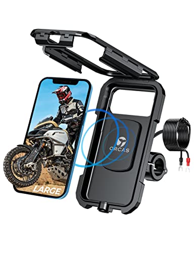 ORCAS TECHNOLOGY Motorrad-Handyhalterung, wasserdicht, mit kabellosem Ladegerät, Typ-C USB-Ladegerät für Lenker und Spiegel, kompatibel mit bis zu 7 Zoll Handys mit Qi-Schnellladung