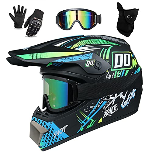 UIGJIOG Kinder Motocross Helm, Mtb Fullface Helm Dirt Bike Integral Motorradhelm Set Für Jungen Mädchen Quad Bikes BMX Fahrrad MTB ATV Offroad DH Helm Mit Liniendesign,A