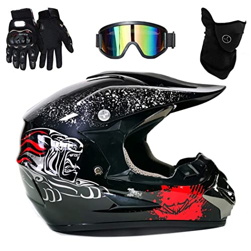 UIGJIOG Motocross Motorcycle Helmet ,Kinder Downhill Fullface Helmet Crosshelm Schwarz Herren Fullface Helm MTB DOT-Zertifizierung Inklusive Brille, Handschuhe Und Masken Set