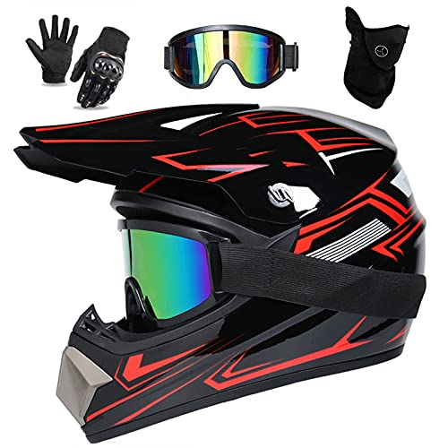 UIGJIOG Downhill Motorradhelm Kinder, Helm Set Herren ATV Motorradhelm D.O.T Zertifizierter Helm Mit Brille Handschuhe, Integralhelm MTB Inklusive 4 Größen Helmfutter,A