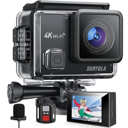 Surfola Action Cam 4K, Unterwasserkamera 40M Wasserdicht 20MP EIS Bildstabilisierun 170° Weitwinkel Helmkamera WiFi Actionkameras mit Externem Mikrofon 2 Akkus und Zubehör Kit 2.4G Fernbedienung