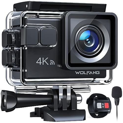 WOLFANG GA100 Action Cam 4K 20MP Unterwasserkamera WiFi 40M wasserdichte EIS Bildstabilisator Helmkamera 170°Weitwinkel Camcorder (Externem Mikrofon, 2.4G Fernbedienung, 2 Akkus und Zubehör Kit)