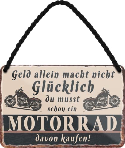 schilderkreis24 – Blechschild Lustiger Biker Spruch “Geld alleine macht nicht glücklich..“ Deko Metallschild Motorrad Garage Werkstatt Keller Motorradfahrer 18x12 cm