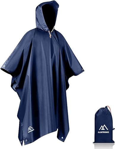 flintronic Wasserdichter Regenponcho, Unisex, Leichter regenschutz Regencape, 3 in 1 wiederverwendbarer Regenmantel für Fahrrad Wandern, Camping, Angeln- Herren & Damen, Blau, 17-18