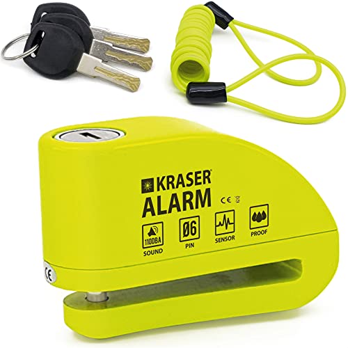 KRASER KR6Y Bremsscheibenschloss mit Alarm 110dB, Verstärkt, Wasserdicht, Erinnerungskabel Transporttasche Zubehör, Motorradschloss Universal Vespa E-bike, Motorrad Schloss, Fahrradschloss