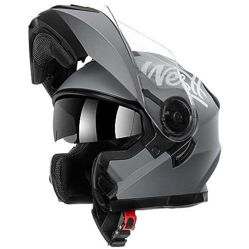 Westt Klapphelm Motorradhelm, Integralhelm mit Doppelvisier, ECE 22.06 Motocross Helm für Erwachsene Männer und Frauen, Grau, L (59-60 cm)