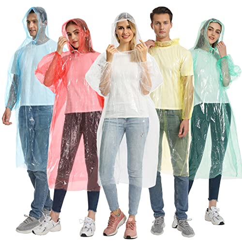 Opret 5 Stück Durchsichtig Regenponcho Damen Herren, Wasserdicht Regenschutz Regencape mit Tunnelzug Kapuze und Elastische Manschette, Leichtgewichts Regen Poncho Transparent Bunt