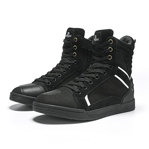 BORLENI Motorradschuhe Herren Sommer Motorradstiefel Männer lässige atmungsaktive Leder motorrad sneaker reissverschluß mit Schaltpolster, Rutschfeste Sohle(Schwarz, 43)