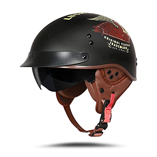 BOSERMEM Motorradhelm Mit Schutzbrille DOT/ECE-Zugelassen, Jethelm Roller-Helm Scooter-Helm Moped Mofa-Helm Chopper Vintage(Mattschwarz Lucky, L 59-60cm)