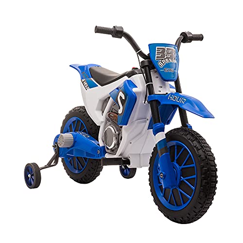 HOMCOM Kinder Elektro-Motorrad Kindermotorrad 12V Kinderfahrzeug Elektrofahrzeug mit 2 abnehmbaren Stützrädern für Kinder ab 3 Jahre PP Metall Blau+Weiß 106,5 x 51,5 x 68 cm