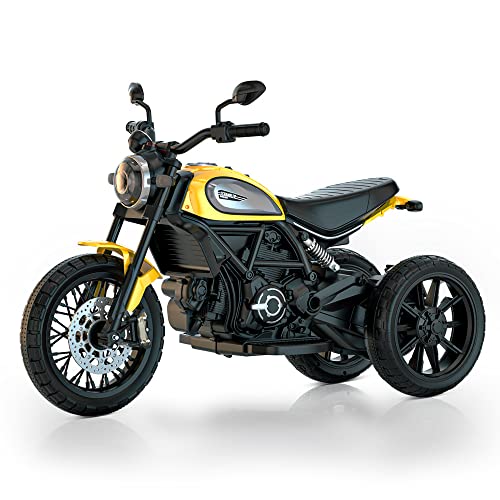 Smart BeBe Kinder Elektro-Motorrad Ducati Scrambler 12V Batterie hohe/niedrige Geschwindigkeit MP3 Sound und Lichter 3 Räder 3-8 Jahre (Gelb)