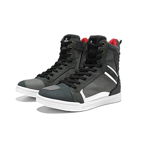 BORLENI Motorradschuhe Herren Motorradstiefel Männer lässige atmungsaktive Leder Motorrad Sneaker reissverschluß mit Schaltpolster, rutschfeste Sohle(Grau, 43)