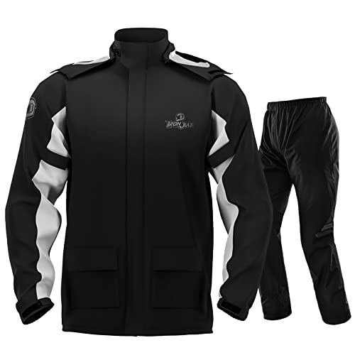 IRON JIA’S Regenanzug Herren Motorrad Regenjacke Wasserdichter Winddicht Atmungsaktiver Reflektierender mit Kapuze mit Reißverschluss Hochwertige Outdoor Regenmantel-Schwarz-XXL