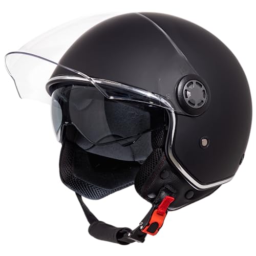 VINZ Pavia Jethelm mit Doppelvisier | Roller Helm Fashionhelm | In Gr. XS-XXL | Jet Helm mit Sonnenblende | ECE 22.06 Zertifiziert | Motorradhelm mit Visier - Mattschwarz