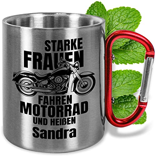 Edelstahl-Tasse 330ml mit Karabiner personalisiert „Starke Frauen fahren Motorrad“ - Motorrad Geschenke für Frauen – Geschenk für Motorradfahrer - Muttertag (Frauen, Griff Rot)