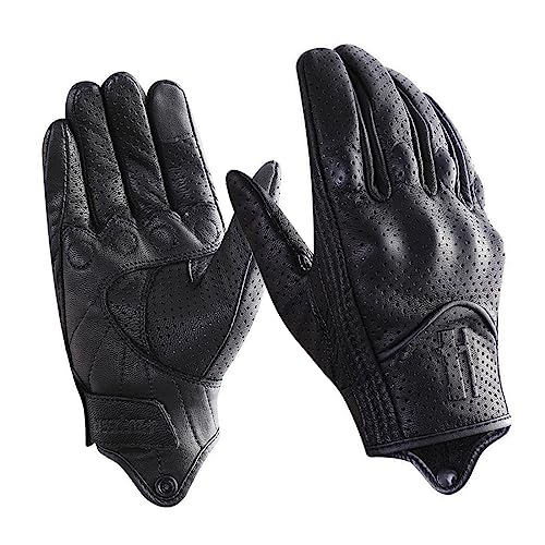 Harssidanzar Herren Motorradhandschuhe Ziegenleder Vollfinger Atmungsaktives und Perforiertes Design Touchscreen Sommer Motorradhandschuhe CM043EUA,C3-Schwarz,Größe L