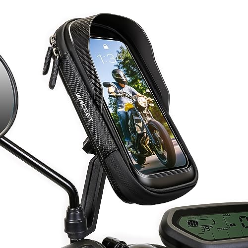 WACCET Handyhalterung Motorrad Wasserdicht, Motorrad Handyhalterung 360° Drehbarer Handyhalter für Motorrad Spiegel mit Sonnenblende Touch ID Roller Handyhalterung für Smartphone is zu 7,2" (Schwarz)