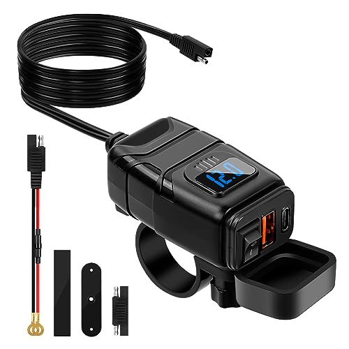 USB Steckdose Motorrad, Motorrad USB Ladegerät, PD Type-C & USB Ladegerät mit EIN-/Ausschalter und LED-Spannungsmesser, Quick Charge 3.0 USB-C Steckdose für 12V ~24V Motorrad Wohnmobil KFZ Boot