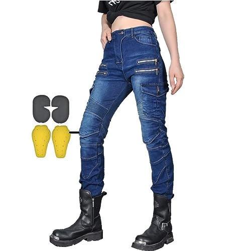 CBBI-WCCB Damen Moto Jeans Motorrad Hose mit Protektoren Motorradhose Mit Reißverschluss (DE/NL/SE/PL, Bundweite & Schrittlänge, 32, 31, Blau)