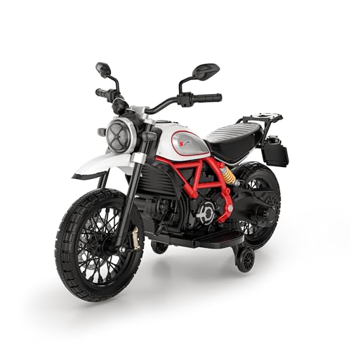 Smart BeBe Kinder Elektro-Motorrad Ducati Scrambler 12V Batterie Geschwindigkeit MP3 Sound und Lichter 3-8 Jahre Kindermotorrad mit Stützrädern (Weiß)