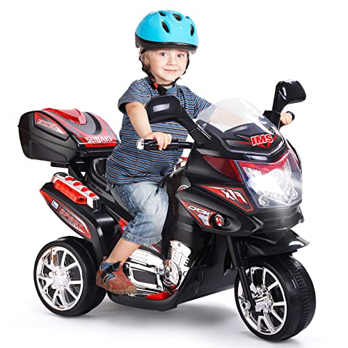 GOPLUS 6V Elektro Kindermotorrad mit 3 Rädern, Elektromotorrad inkl. Licht & Pedal & Aufbewahrungskiste & Musik, Elektro-Dreirad für Kinder von 3 bis 7 Jahre alt bis zu 25 kg (Schwarz)