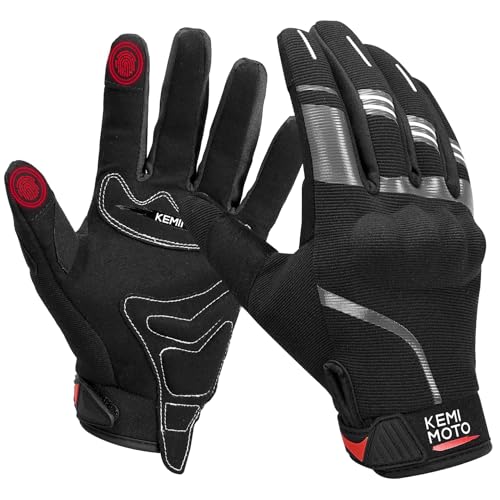 KEMIMOTO Motorrad Handschuhe, Motorradhandschuhe Herren mit Touchscreen, Knöchelschutz, Sommer Handschuhe für Mountainbike, Fahrrad, Motorcross, Roller, Wandern, Klettern Schwarz L