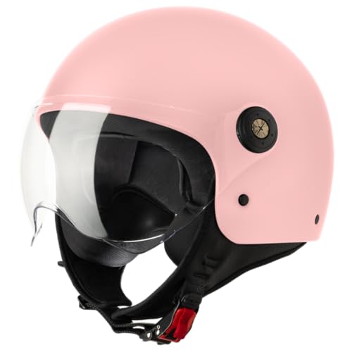 VINZ Duoro Roller Helm Jet Helm Mopedhelm Herren und Damen | in Gr. XS-XXL | Jethelm mit Visier | ECE 22.06 Zertifiziert | Motorradhelm | Erhältlich Rosa