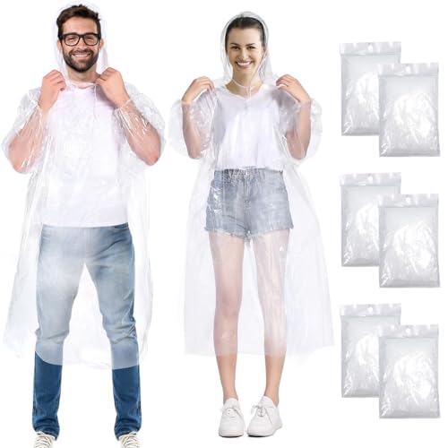 Henrycares 6 Stück Einweg Regenponcho Damen Herren, Durchsichtig Regencape Regenschutz mit Tunnelzug Kapuze und Elastische Manschette,Wasserdicht