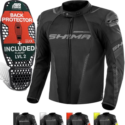 SHIMA SOLID Motorrad Jacke Herren mit Protektoren AIRFORCE Rückenprotektor Motorradjacke Sommer Schutzjacken Textiljacke Wasserdicht Protektorenjacke Sommerjacke Stadt (Männer, Schwarz, Belüftet, L)