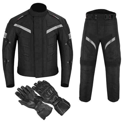 REXTEK Herren Motorrad Motorrad 2-teiliger Anzug Cordstoff Textil Motorrad Jacke Hose mit Schutzhandschuhen Leder CE-Protektoren, VTX Schwarz XL