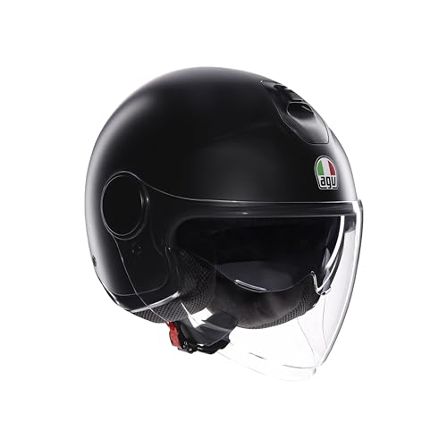 AGV - ETERES E2206, Unisex Jet Motorradhelm, Motorrad Helm mit Diebstahlschutzring, Anti-Kratz und Anti-UV Visier, Technologie zur Sofortigen Schweißabsorption, Matt Black, M