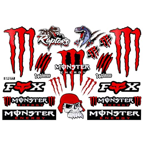 Cretassion Reflektierend Monster Energy Aufkleber, Wasserdicht Aufkleber Motorrad Coole, Hochwertige Sticker für MotorräDer, Motorradhelm, Skateboard, Auto Und GeläNdemotorräDer Rot