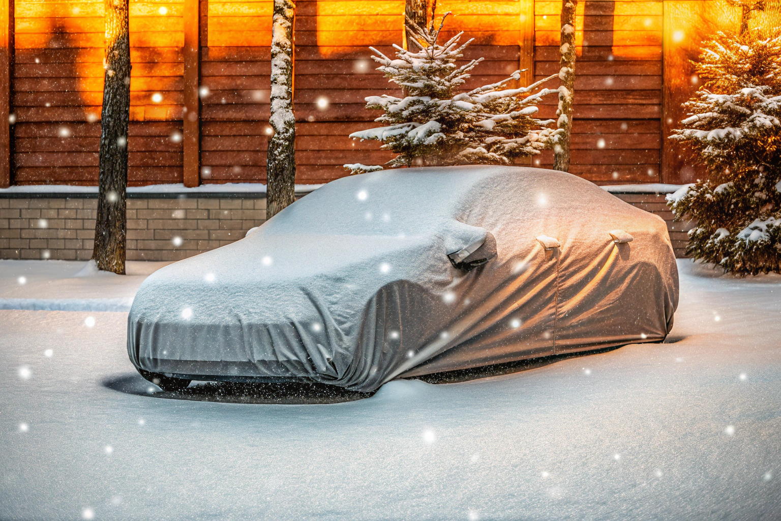 Auto mit Vollgarage im Schnee