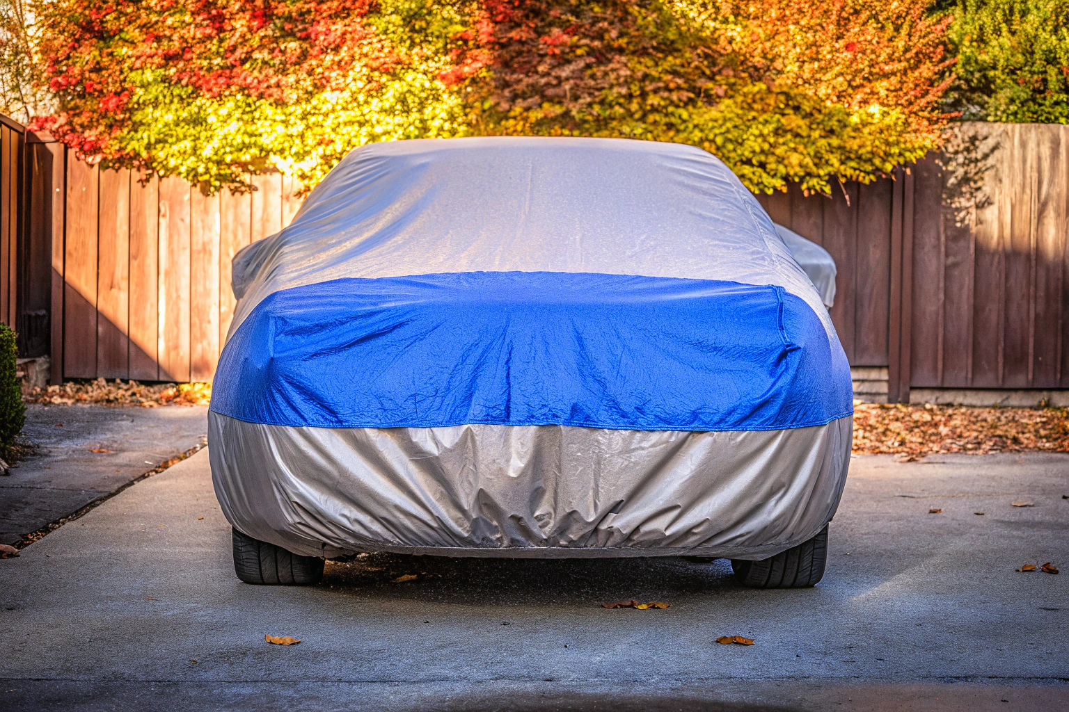 Auto mit Abdeckung in herbstlicher Umgebung