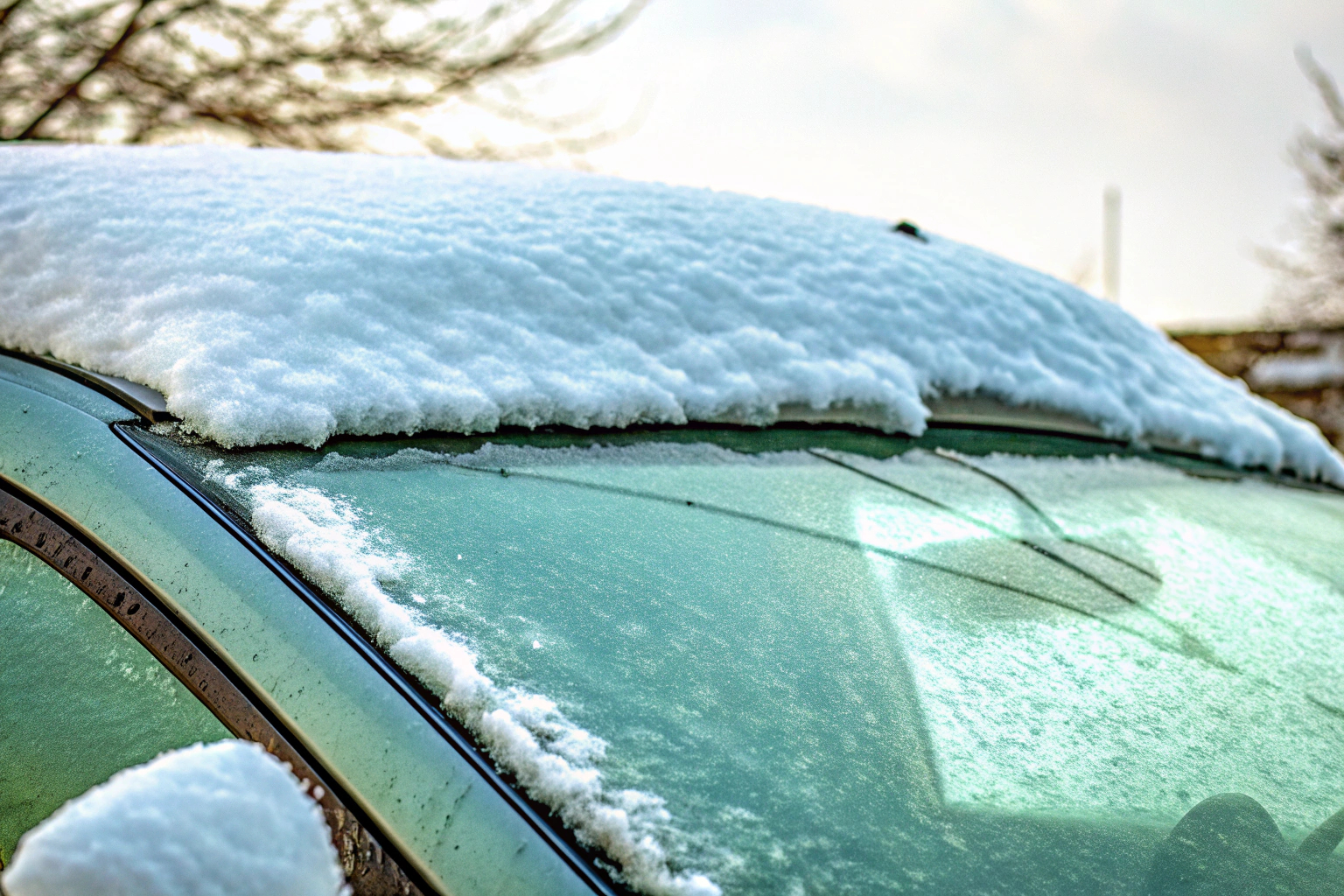 Auto mit freigeräumter Windschutzscheibe im Schnee