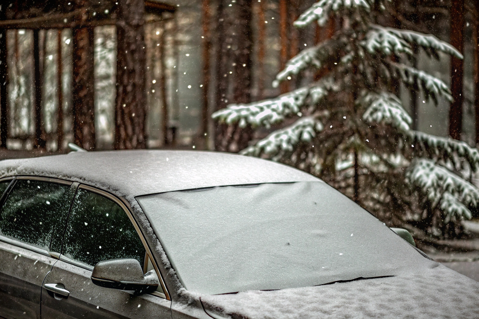 Auto mit Windschutzscheibenabdeckung im Schnee