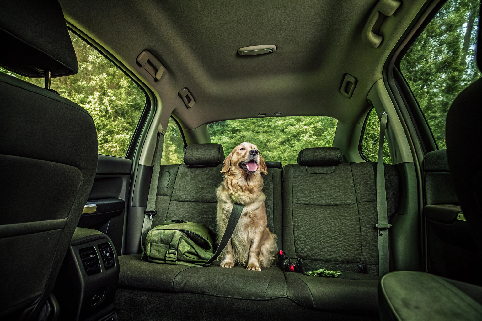 Hund im Auto mit Sicherheitsgurt